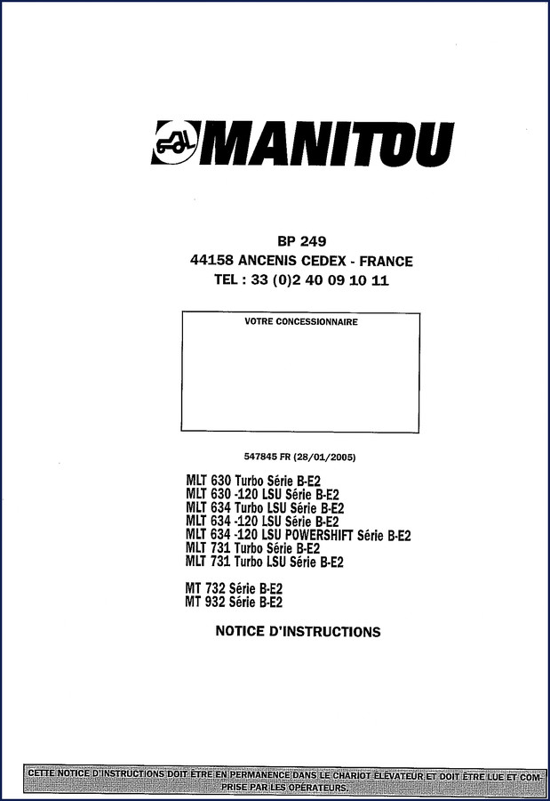 2003 Manitou MLT 630 Turbo series Operators Manual front cover