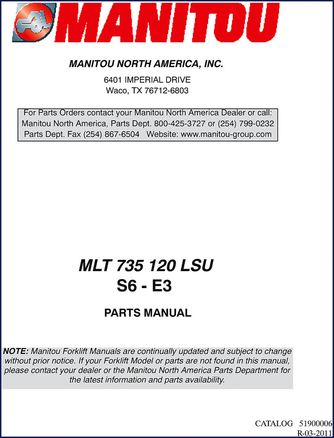 Manitou MLT 735 120 LSU 2011 Parts Catalog cover showing telehandler and OEM documentation