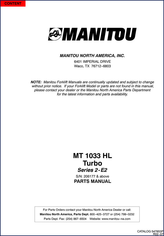 Manitou MLT 742, MT 1033 2003 Parts Catalog cover – OEM factory document with 1046 pages