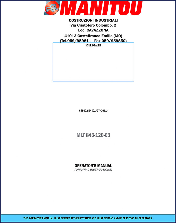 2011 Manitou MLT 845-120 Parts Catalog cover showing telehandler