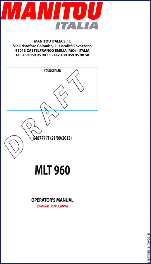 Manitou MLT 960 2013 Operators Manual cover page showing model and OEM markings