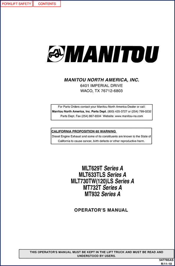Manitou MLT629T Series A 2010 User Manual cover