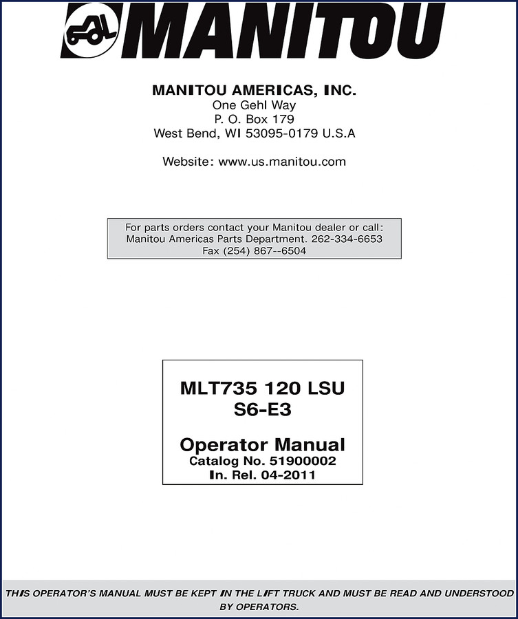 Manitou MLT735 120 LSU 2011 Operators Manual cover