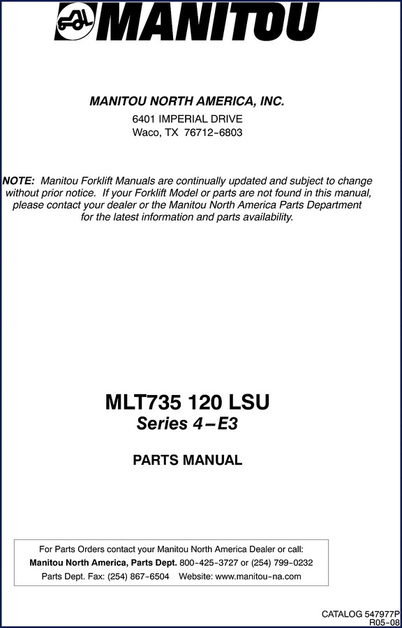 Manitou MLT735 Parts Catalog cover for Series 4-E3 telehandler with 1422 pages