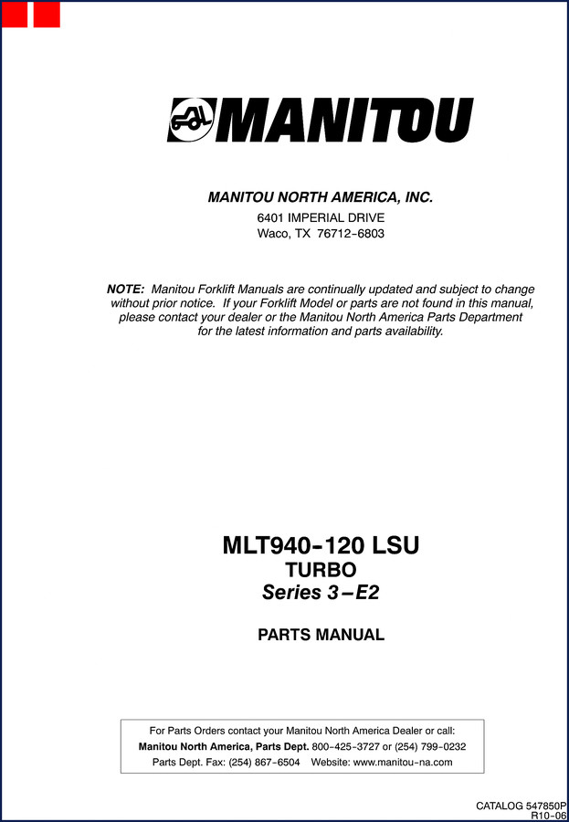 Manitou MLT940-120 OEM parts catalog cover – forklift manual from Manitou North America