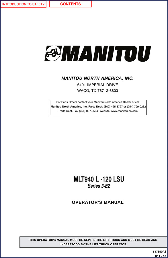 Manitou MLT940 L-120 LSU Operators Manual cover – 124-page factory OEM document for rough terrain forklift