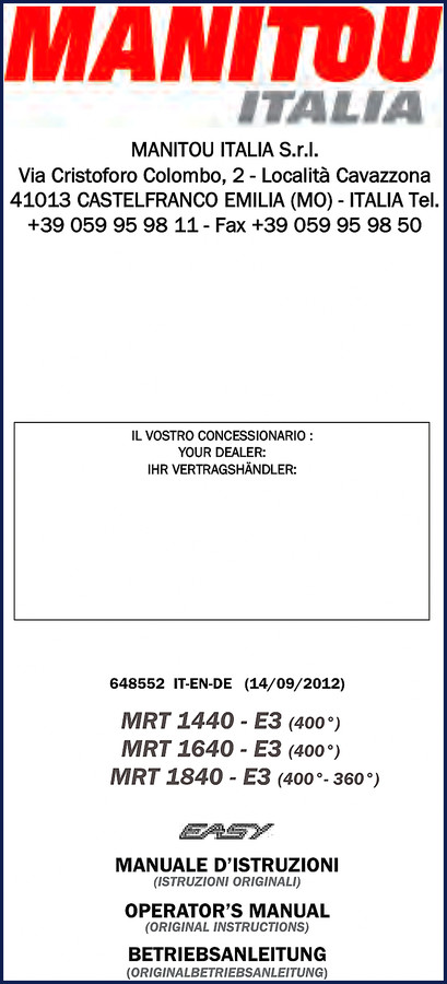 Manitou MRT 1440 E3, MRT 1640 E3, MRT 1840 E3 2012 Operators Manual cover - factory document
