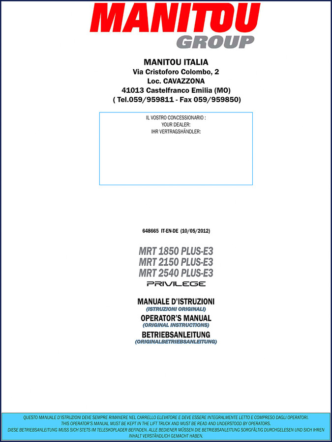 Manitou MRT 1850 PLUS Operators Manual 2012 cover page showing telehandler and manual title