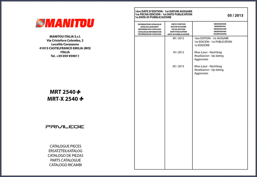 Manitou MRT 2540+ and MRT-X 2540+ 2013 Parts Catalog cover page