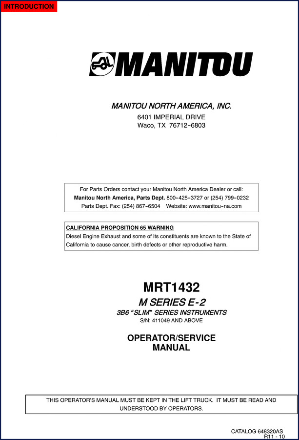 Cover of the Manitou MRT1432 Operators Manual showing the telehandler on a job site