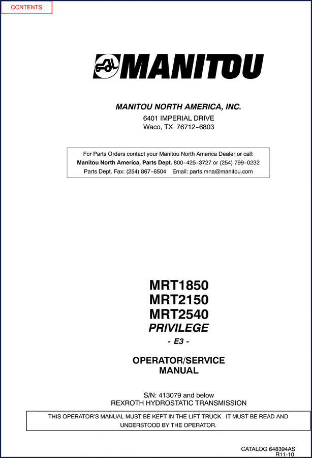 Manitou MRT1850 MRT2150 MRT2540 2010 Operators Manual cover showing safety decals and forklift