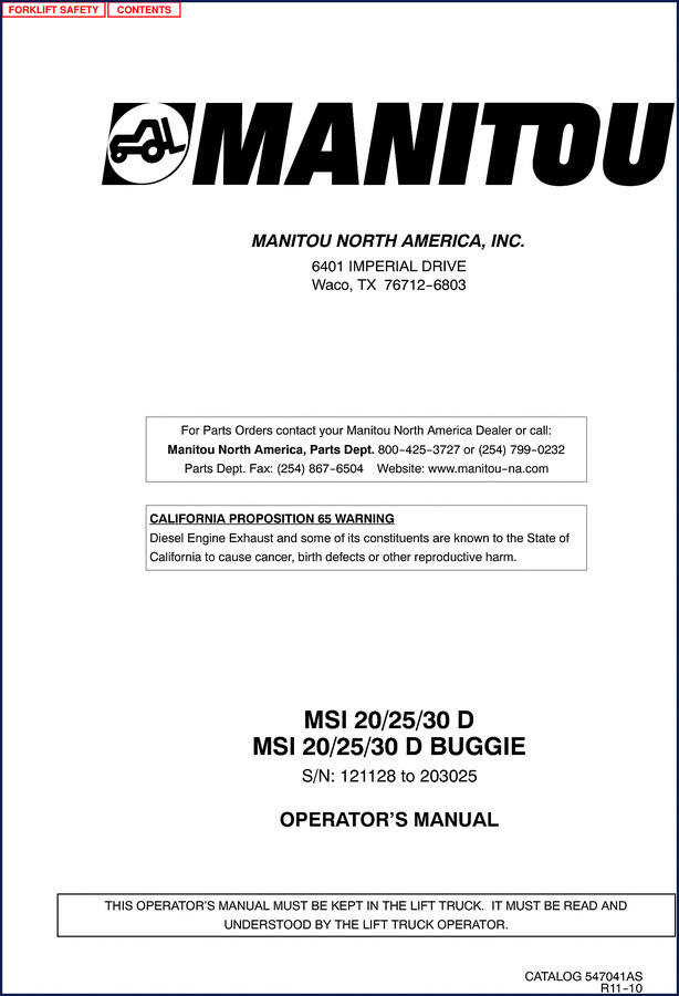 Manitou MSI 20 operators manual cover showing rough terrain forklift safety decal diagram