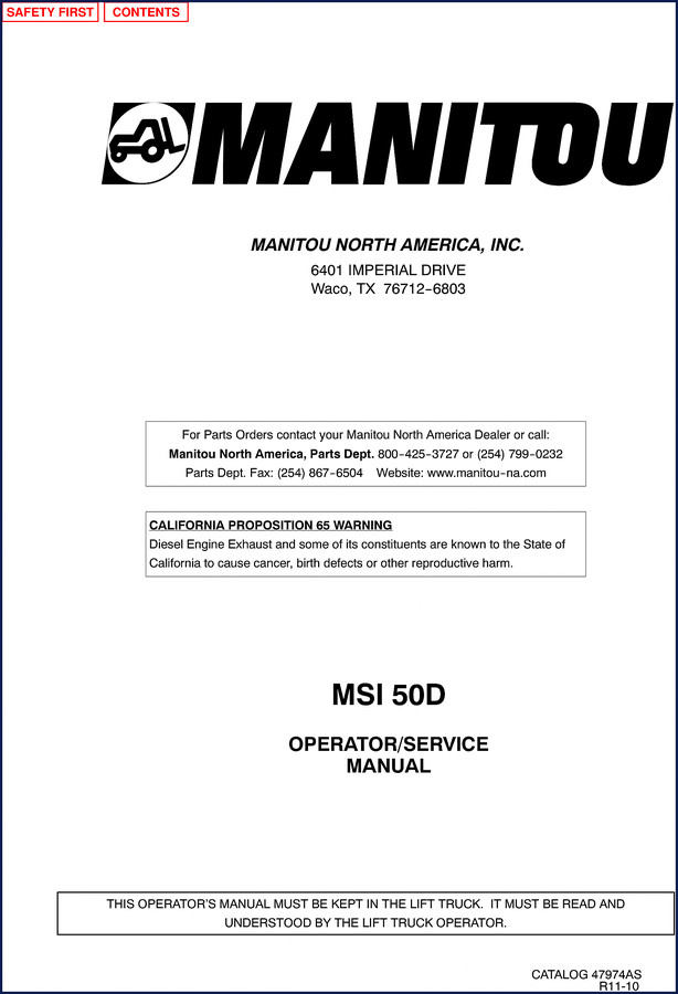 Manitou MSI 50D Parts Catalog cover – OEM factory manual with 586 pages