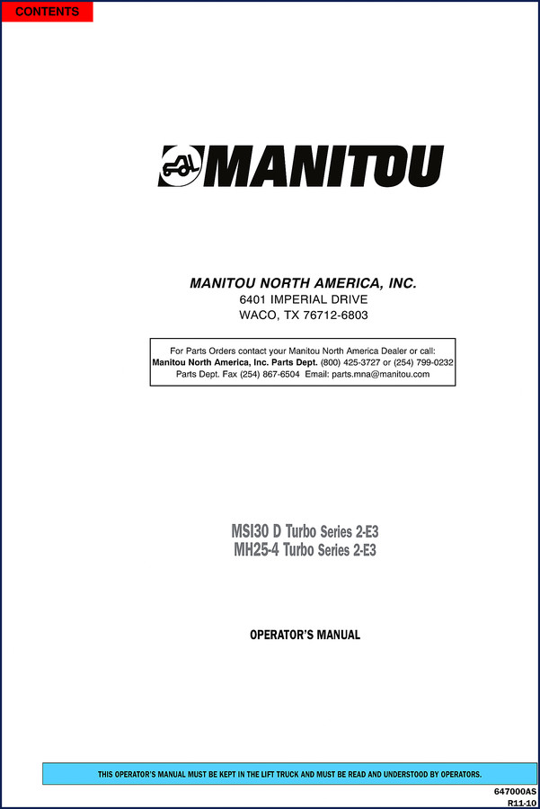 Manitou MSI30 D Turbo Series 2-E3 Operators Manual cover – 110-page factory document