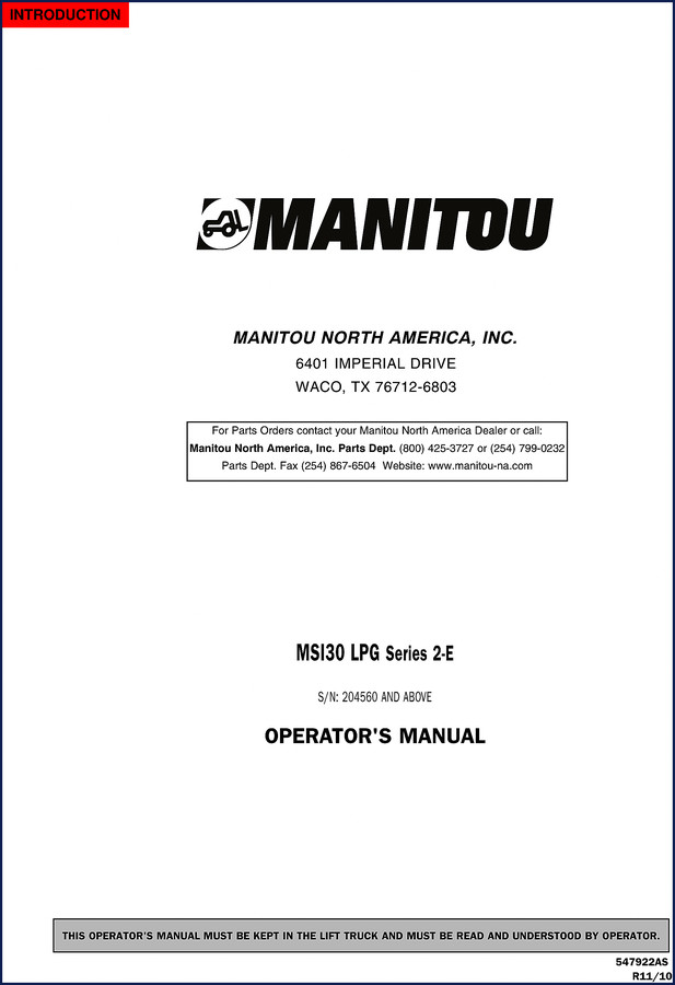 Manitou MSI30 Operators Manual cover page showing LPG Series 2-E with 104 pages