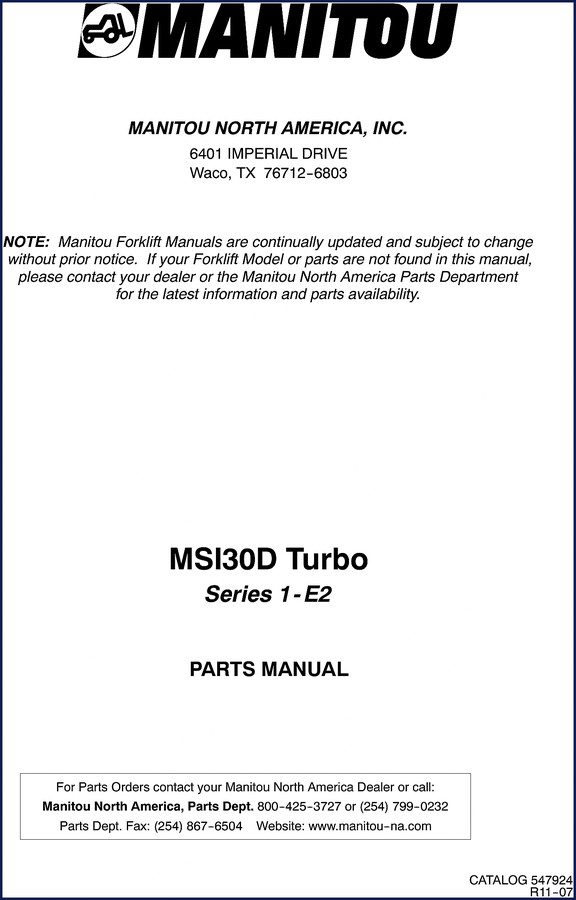 2007 Manitou MSI30D Parts Catalog cover page showing model and serial numbers