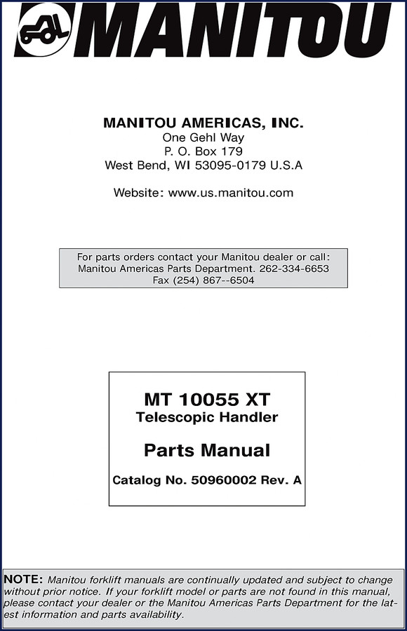 Manitou MT 10055 XT Telescopic Handler Parts Catalog cover page - 253 pages OEM factory manual
