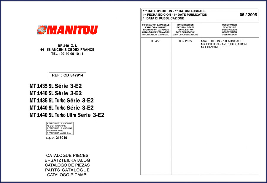 Manitou MT 1435 SL Parts Catalog 2005 cover showing telehandler with boom extended