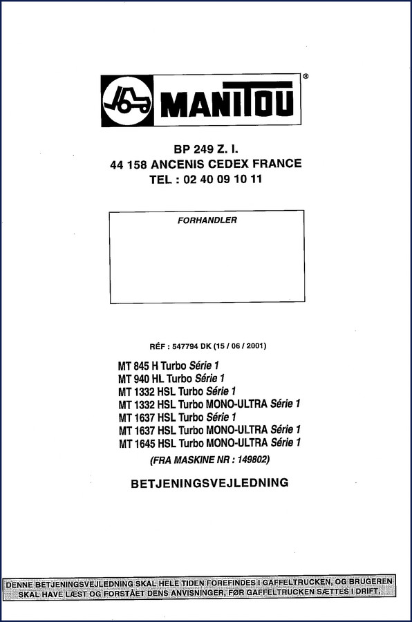 Manitou MT 845 H Turbo Série 1 Operators Manual 2001 cover