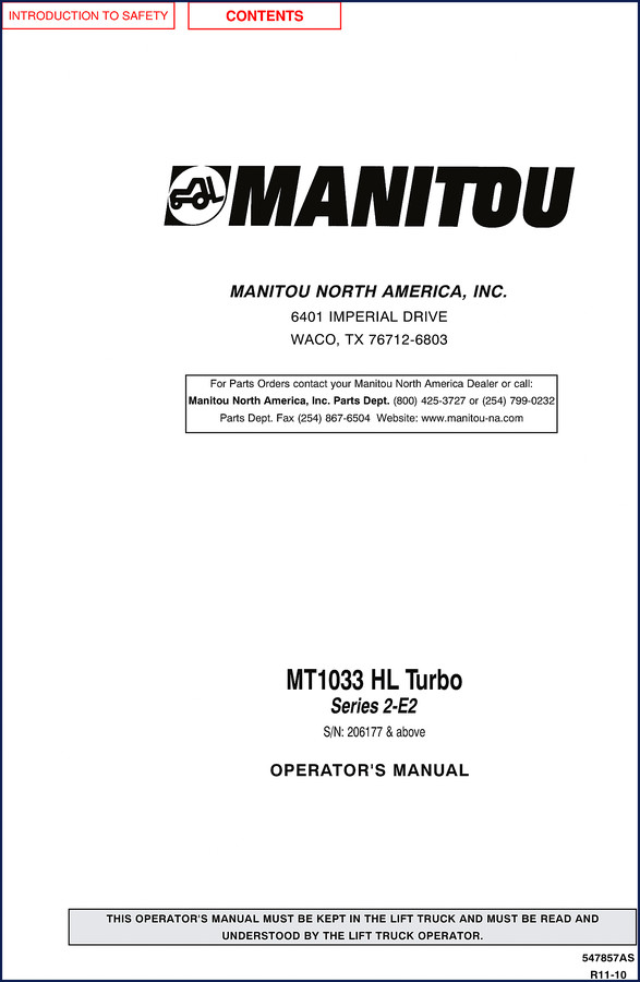 Manitou MT1033 HL Turbo Operators Manual – 116 pages factory document for Series 2-E2 forklift
