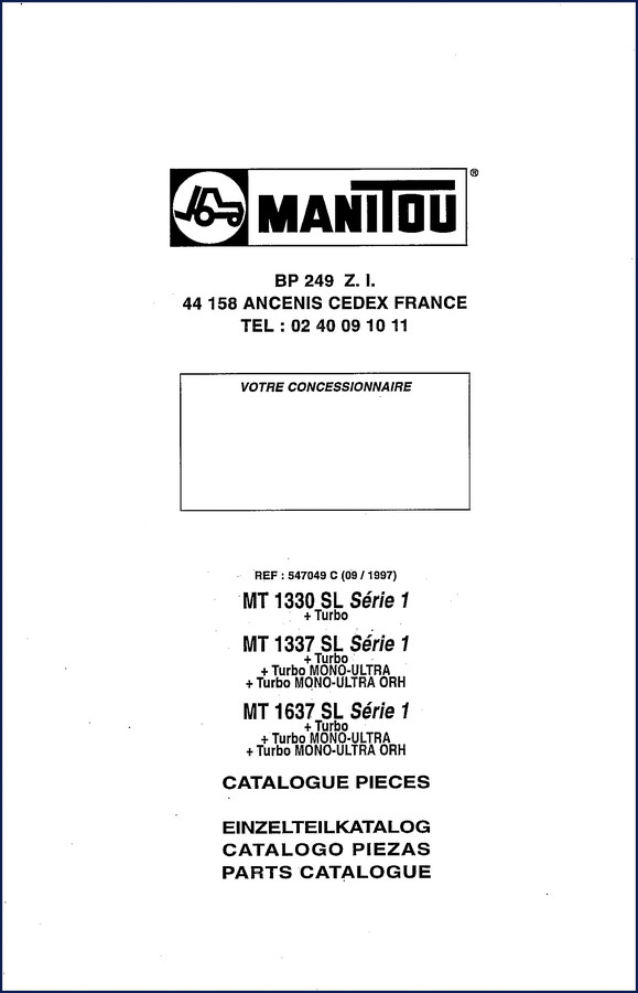 Manitou MT1330 MT1337 MT1637 1997 Parts Catalog cover with part number diagram