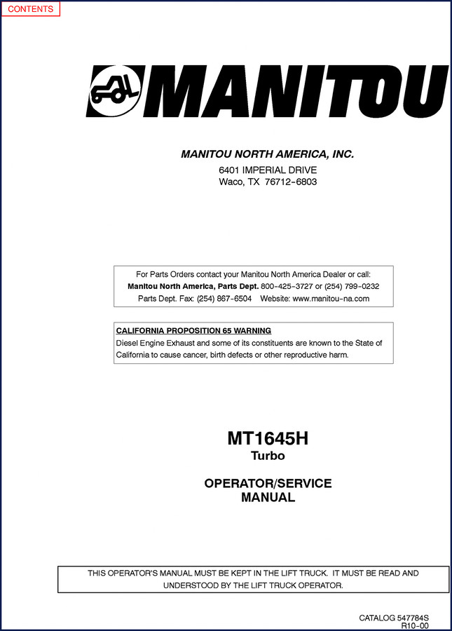 Manitou MT1645H Operators Manual front cover showing telehandler silhouette
