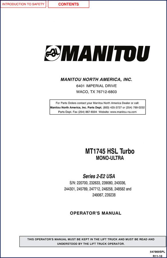 Manitou MT1745 HSL Turbo Operators Manual 122 pages factory safety decals and operation