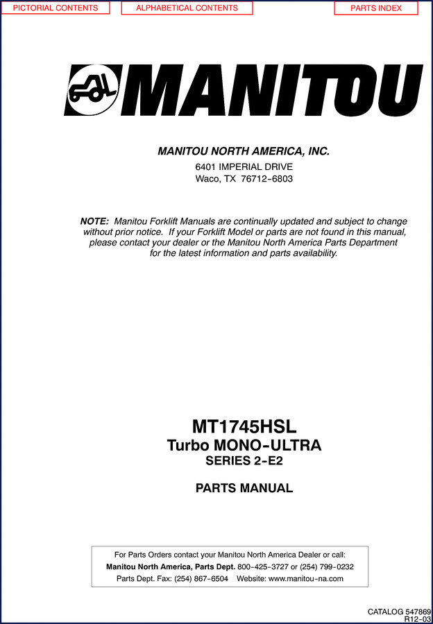 Manitou MT1745HSL Parts Catalog cover - 450 pages OEM factory parts manual for Series 2-E2
