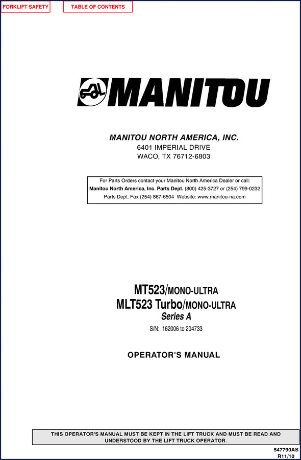 Manitou MT523 MLT523 Operators Manual cover page showing forklift safety decals