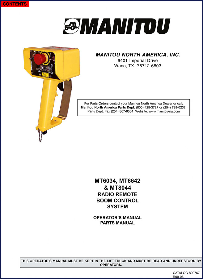 Manitou MT6034, MT6642, MT8044 Parts Catalog – 66-page factory document showing radio remote boom control system components