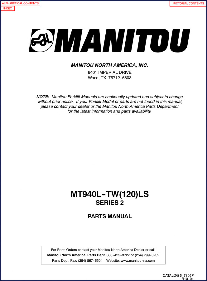 Manitou MT940L Parts Catalog cover - 420 pages OEM manual for Series 2 telehandler