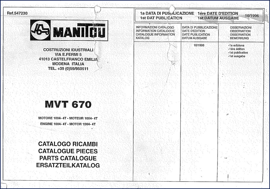 Manitou MVT 670 1996 Parts Catalog cover page showing engine 1004-4T