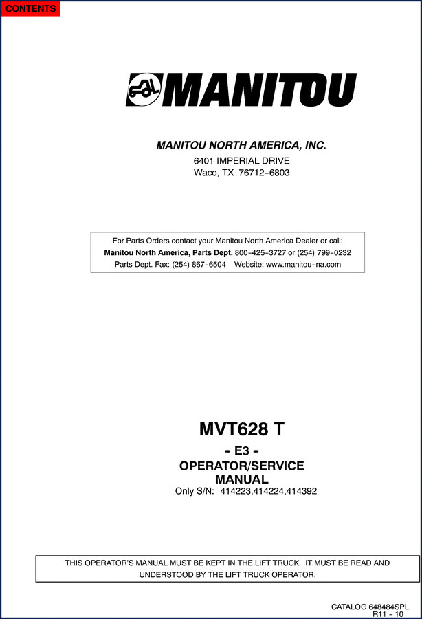 Manitou MVT628 Operators Manual cover – factory OEM document for rough terrain forklift, 146 pages