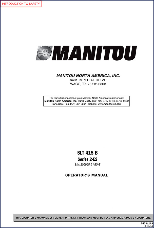 Manitou SLT 415 B Operators Manual cover for series 2-E2, serial number 205925 and above