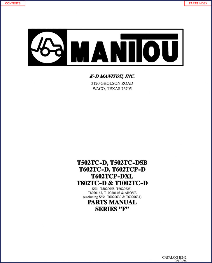 1996 Manitou T502TC-D, T602TC-D Parts Catalog cover showing forklift models