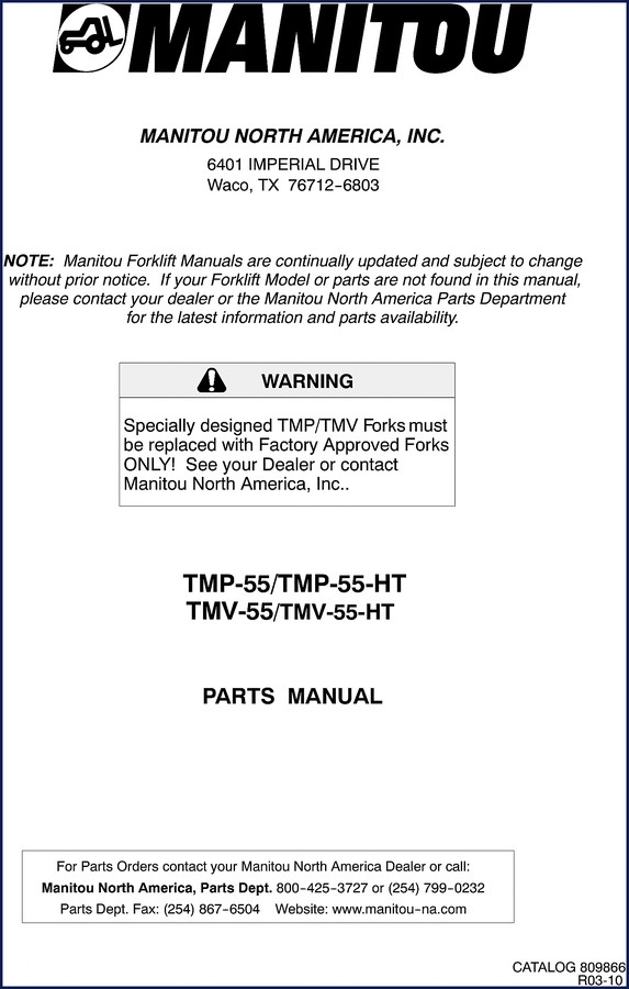 Manitou TMP-55 TMP-55-HT TMV-55 TMV-55-HT Parts Catalog cover - 194 pages OEM factory manual