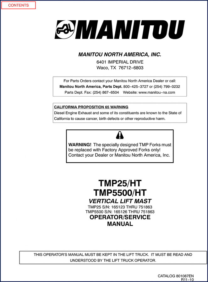 Manitou TMP25 TMP5500 Operators Manual cover - OEM factory manual for rough terrain forklift