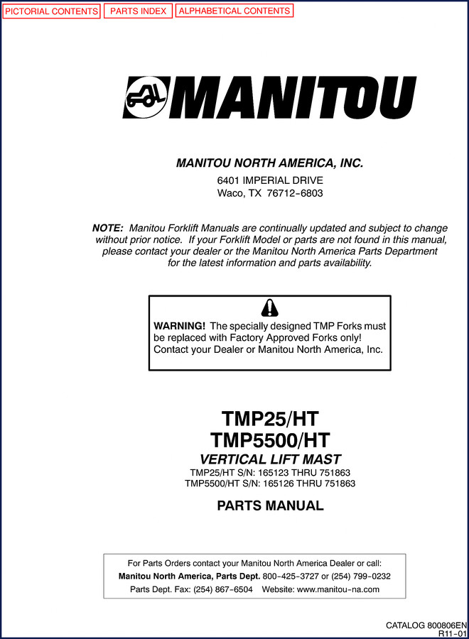 Manitou TMP25/HT and TMP5500/HT Parts Catalog cover – 194 pages OEM