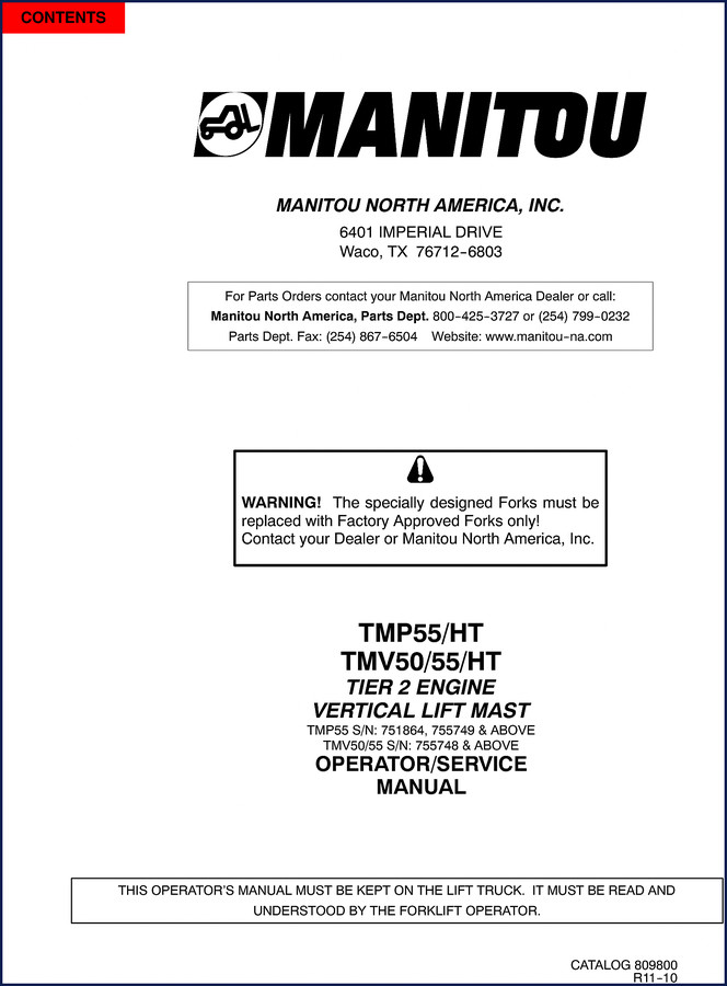 Cover of Manitou TMP55 TMV50 TMV55 Operators Manual – 82 pages OEM factory document for Tier 2 forklifts