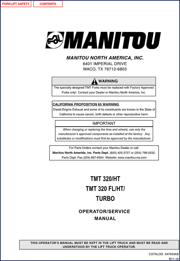 Manitou TMT 320 series 2003 Parts Catalog front cover