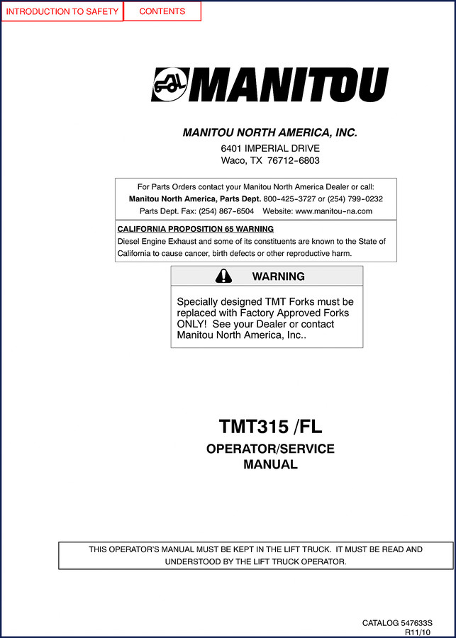 Manitou TMT315 1999 Operators Manual cover page with safety decals and OEM logo