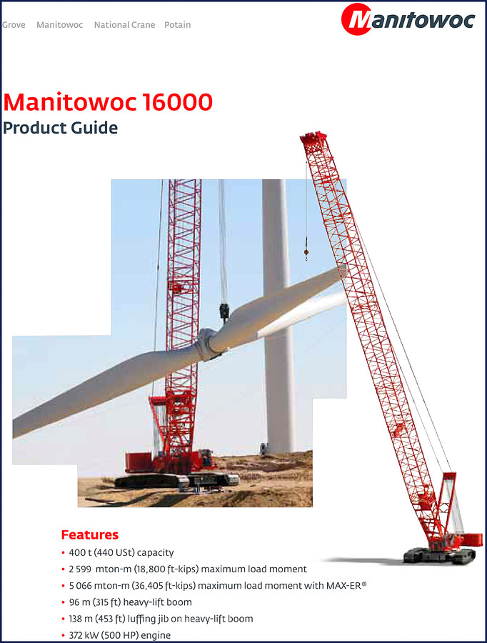 Manitowoc 16000 2010 operators manual cover page showing crane and caution notice