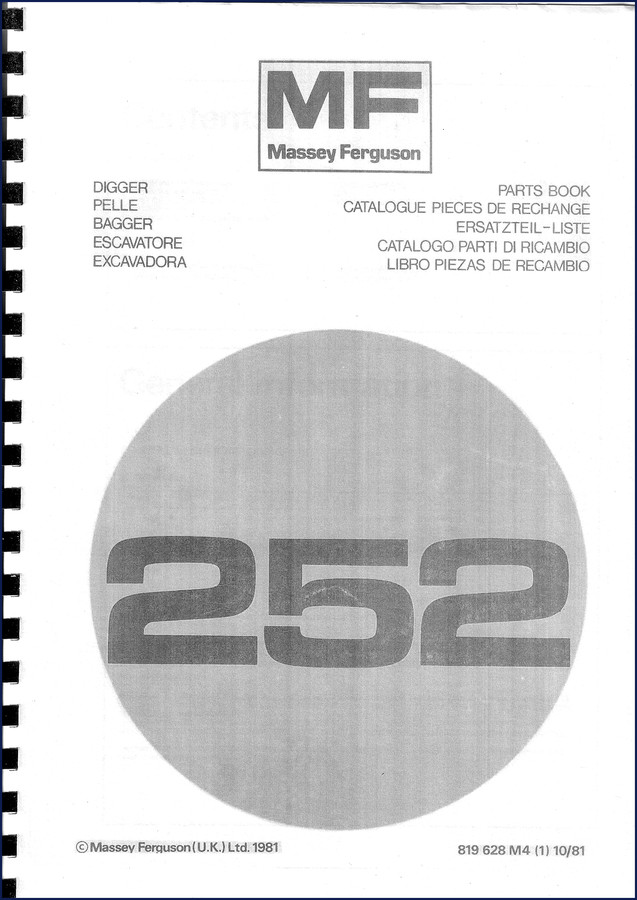 Massey Ferguson 252 1981 Parts Catalog cover showing digger attachment diagrams