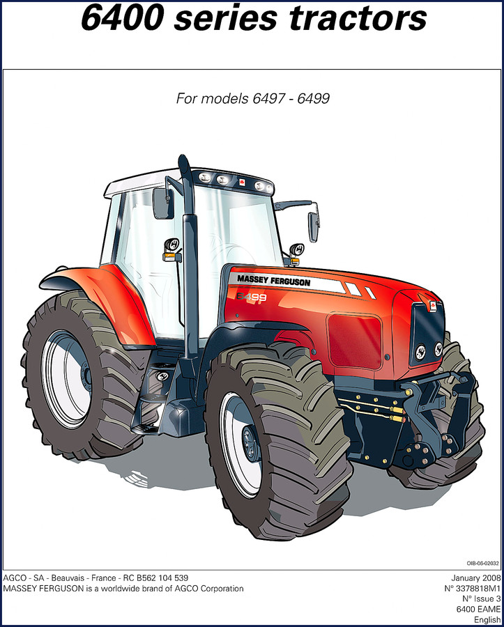 Massey Ferguson 6497 6498 6499 2008 Operators Manual cover showing tractor image