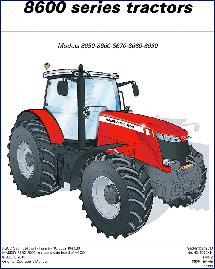 Massey Ferguson 8650-8690 2010 user manual cover showing tractor silhouette and model numbers