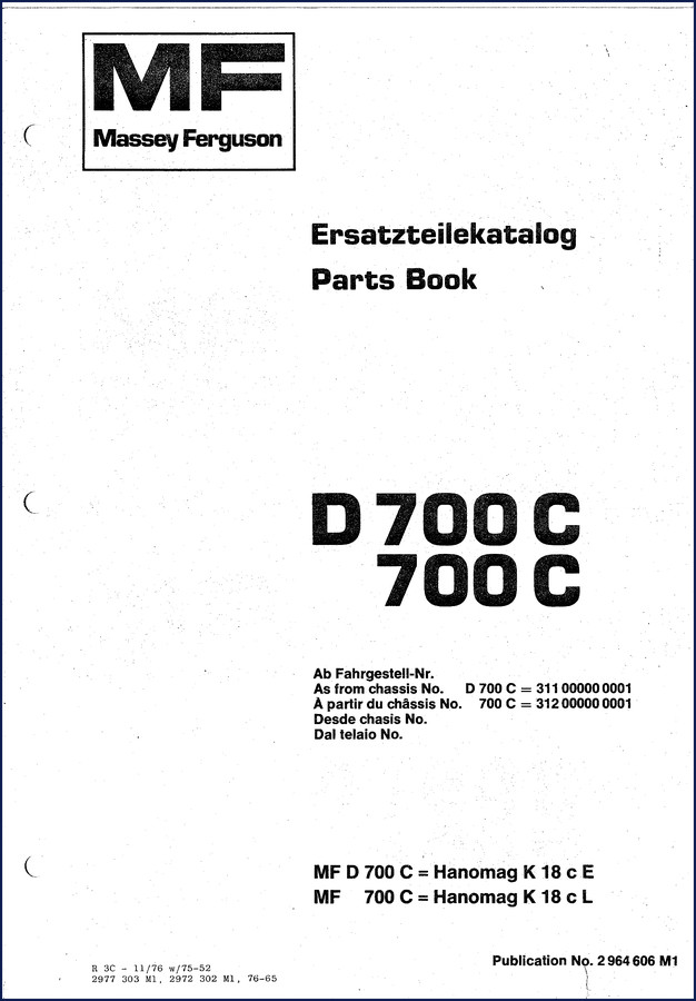 Massey Ferguson D 700 C and 700 C 1976 Parts Catalog – factory OEM book cover