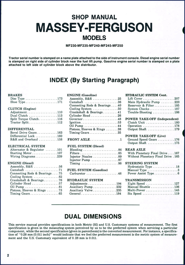 Massey Ferguson MF230, MF235, MF240 factory service manual cover showing tractor diagram and model numbers