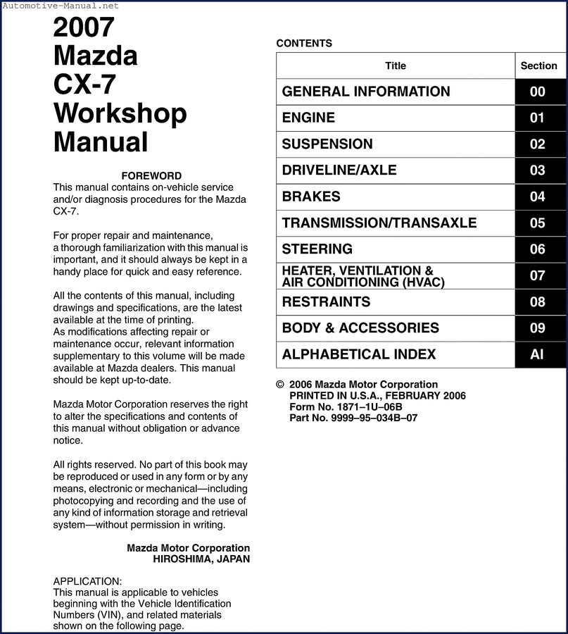 Mazda CX-7 2006 Workshop Manual cover - OEM factory service manual for CX-7