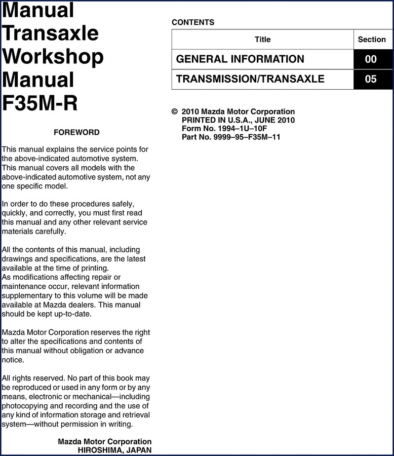 Mazda F35M-R 2010 Workshop Manual cover showing transaxle assembly and title