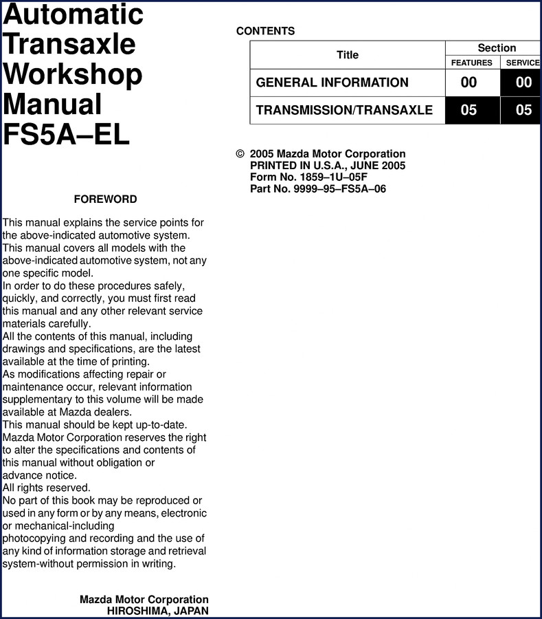 2005 Mazda FS5A-EL Automatic Transaxle Workshop Manual cover showing transaxle cutaway